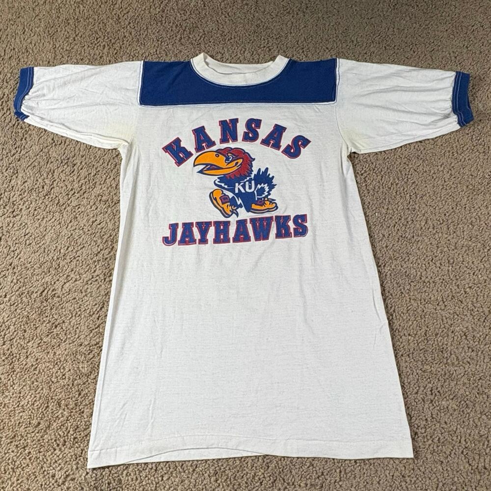 Vintage‎ Kansas Jayhawks KU Ringer TShirt Mens Small White Blue NCAA College Tee
